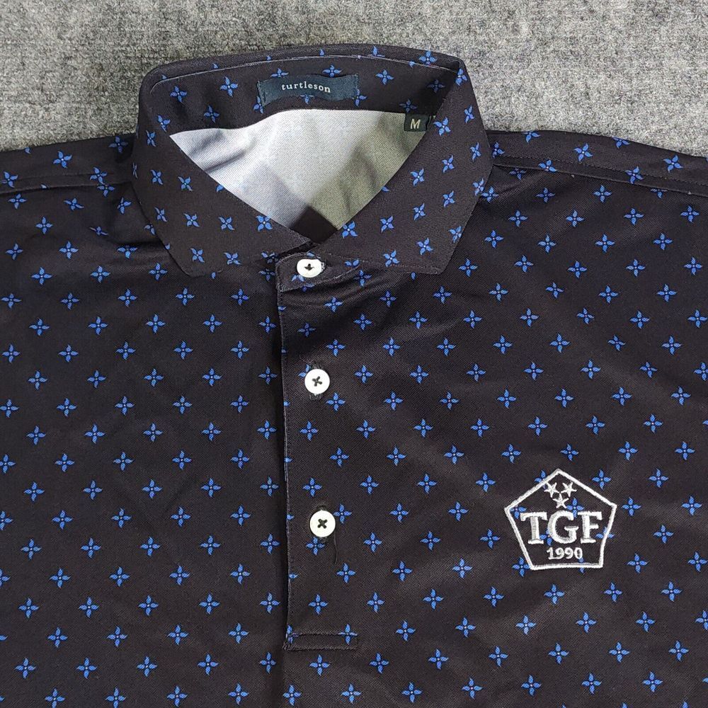 Turtleson Polo Shirt Medium Black Geometric TGF 1990 Short Sleeve Golf‎ Stretch